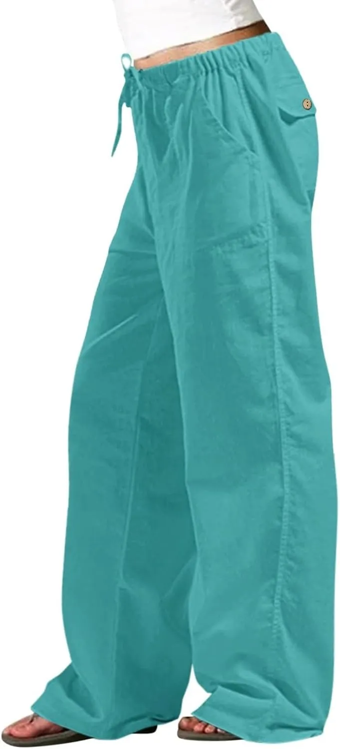Womens Linen Cargo Pants Summer Elastic High Waist Pant Drawstring Harem Lounge Pant Plus Size Trousers with Pockets
