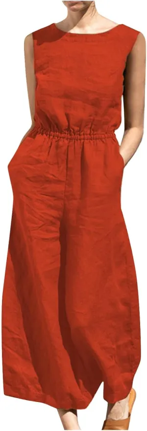 Women's Linen Jumpsuits Pants Rompers Solid V Neck Belt Overalls Elegant Short Sleeve One Piece Romper with Pockets
