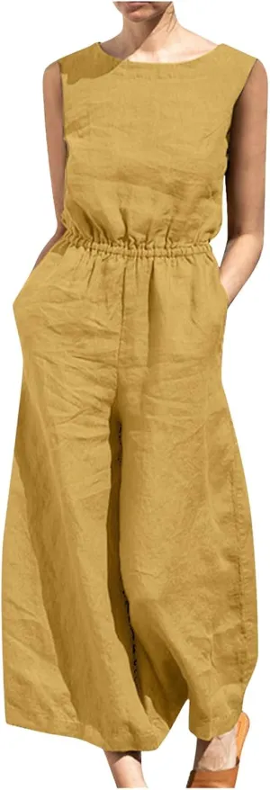 Women's Linen Jumpsuits Pants Rompers Solid V Neck Belt Overalls Elegant Short Sleeve One Piece Romper with Pockets