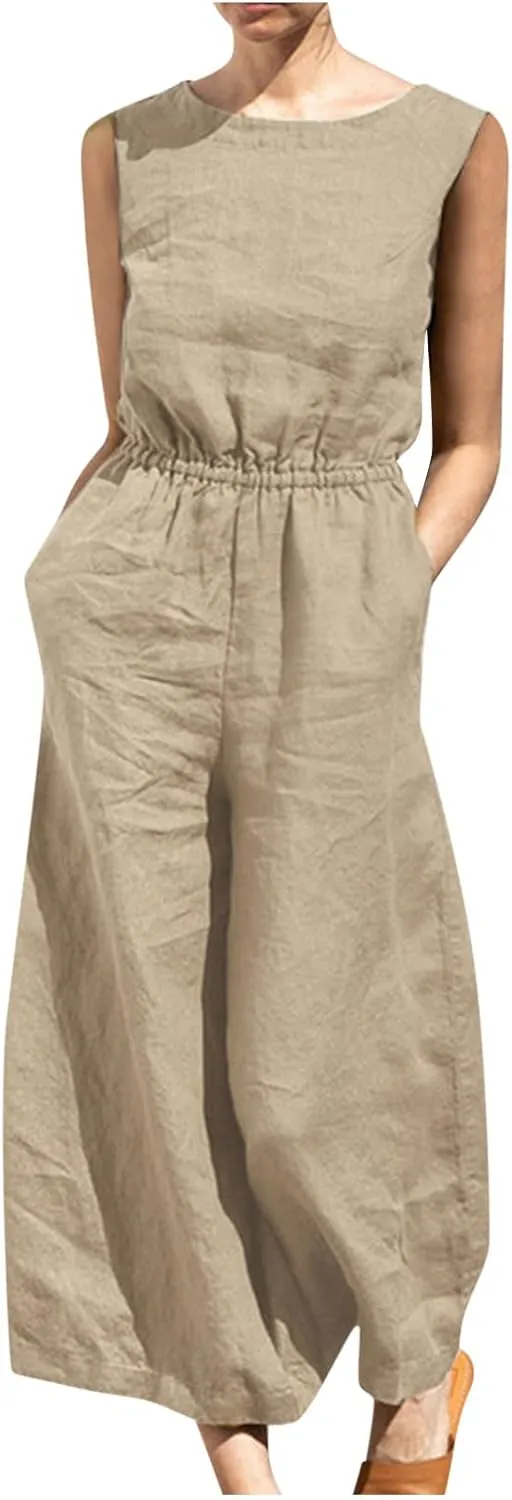 Women's Linen Jumpsuits Pants Rompers Solid V Neck Belt Overalls Elegant Short Sleeve One Piece Romper with Pockets
