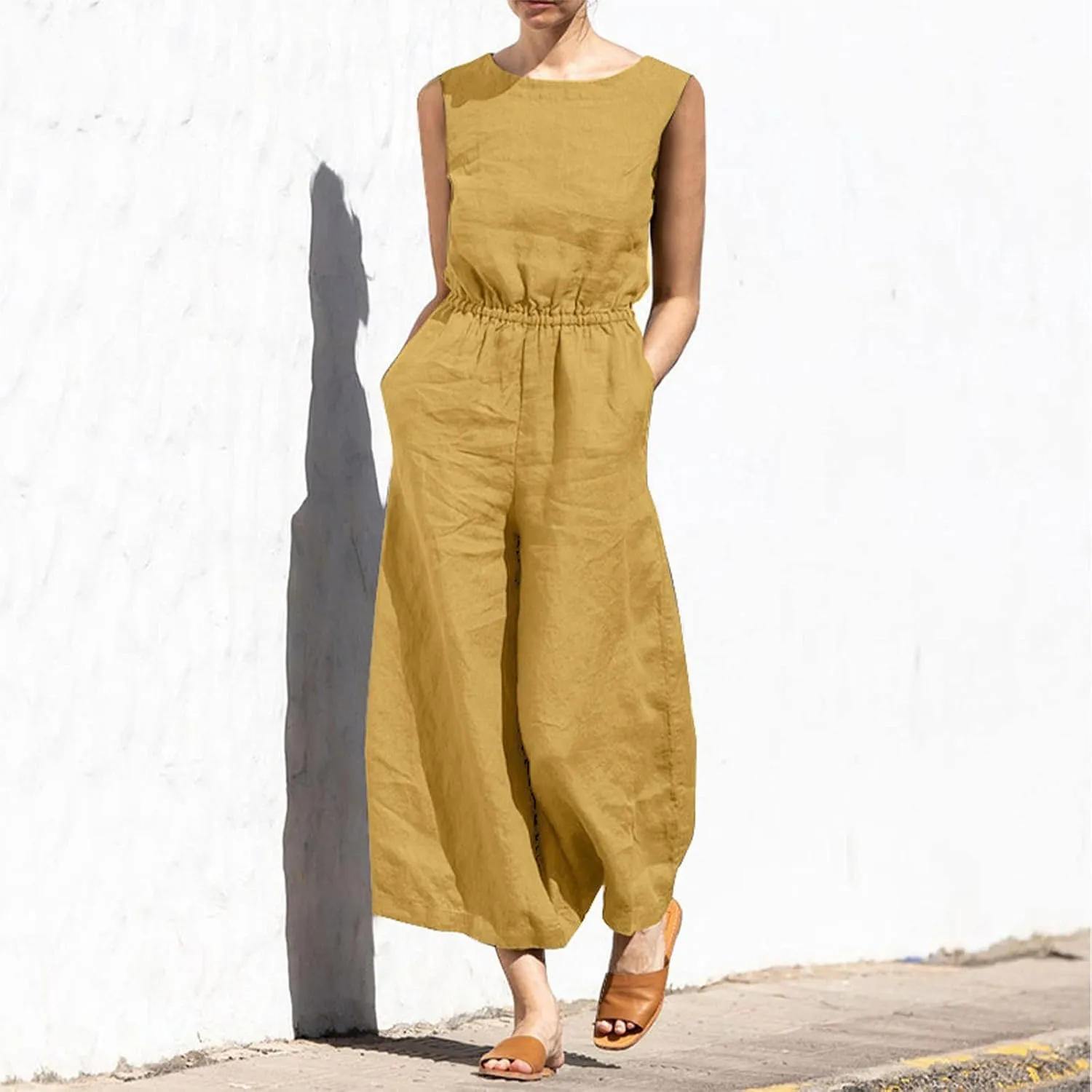 Women's Linen Jumpsuits Pants Rompers Solid V Neck Belt Overalls Elegant Short Sleeve One Piece Romper with Pockets