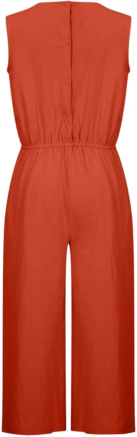 Women's Linen Jumpsuits Pants Rompers Solid V Neck Belt Overalls Elegant Short Sleeve One Piece Romper with Pockets