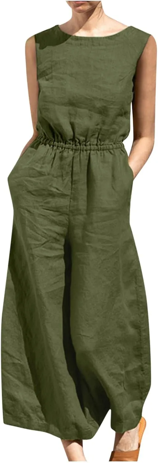 Women's Linen Jumpsuits Pants Rompers Solid V Neck Belt Overalls Elegant Short Sleeve One Piece Romper with Pockets