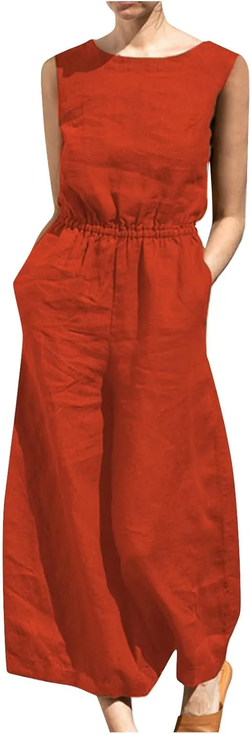 Women's Linen Jumpsuits Pants Rompers Solid V Neck Belt Overalls Elegant Short Sleeve One Piece Romper with Pockets