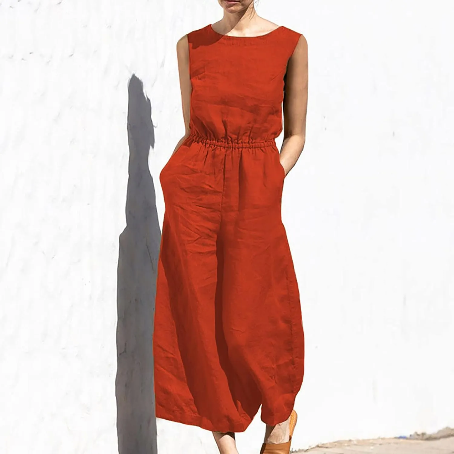 Women's Linen Jumpsuits Pants Rompers Solid V Neck Belt Overalls Elegant Short Sleeve One Piece Romper with Pockets