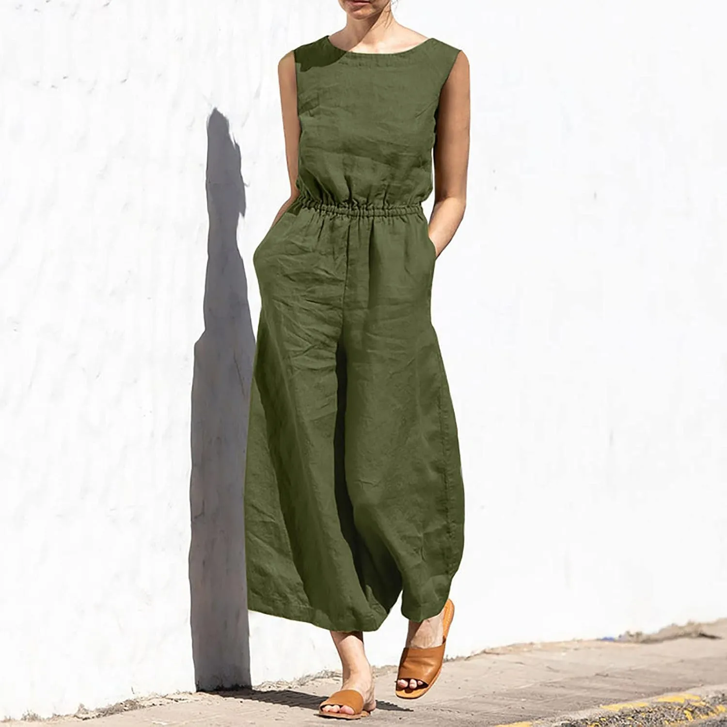 Women's Linen Jumpsuits Pants Rompers Solid V Neck Belt Overalls Elegant Short Sleeve One Piece Romper with Pockets