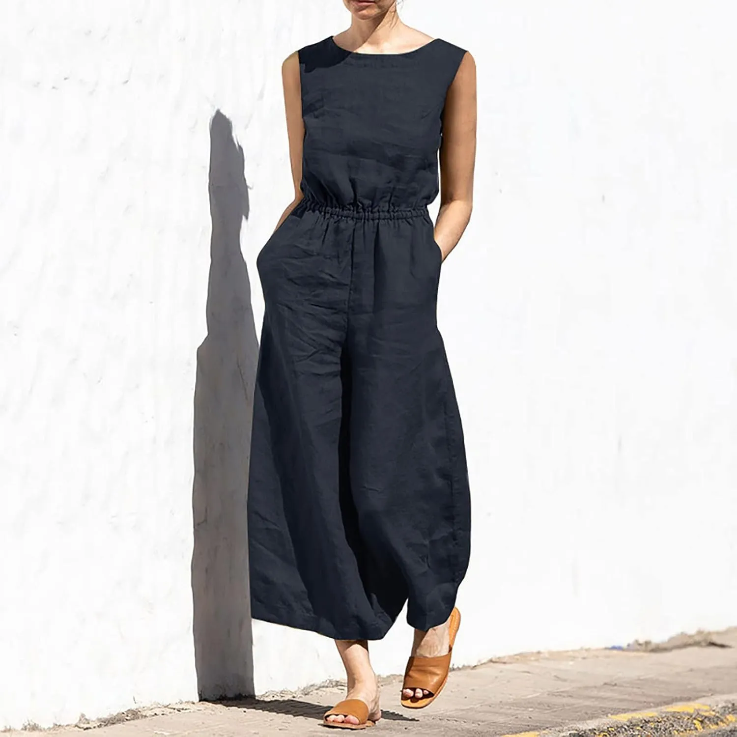 Women's Linen Jumpsuits Pants Rompers Solid V Neck Belt Overalls Elegant Short Sleeve One Piece Romper with Pockets