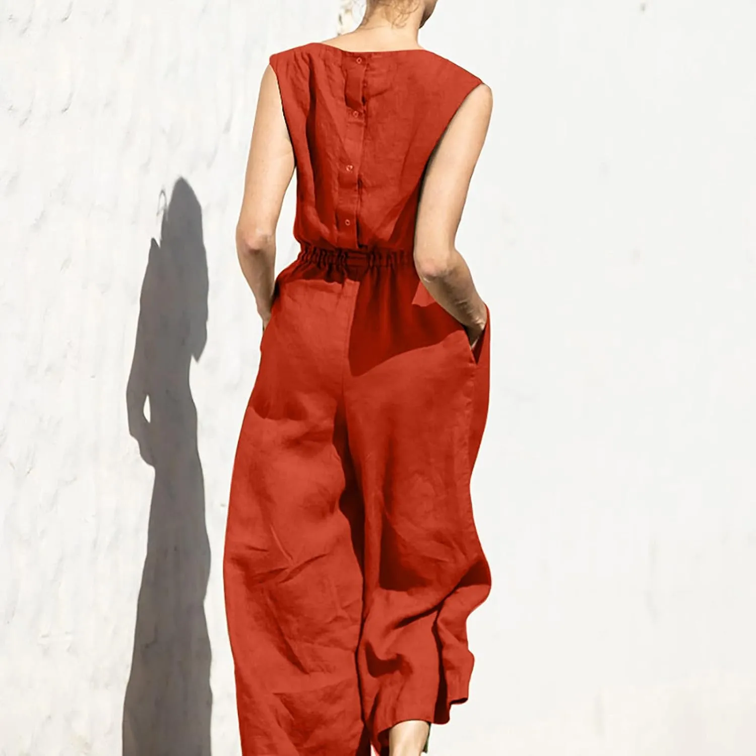 Women's Linen Jumpsuits Pants Rompers Solid V Neck Belt Overalls Elegant Short Sleeve One Piece Romper with Pockets