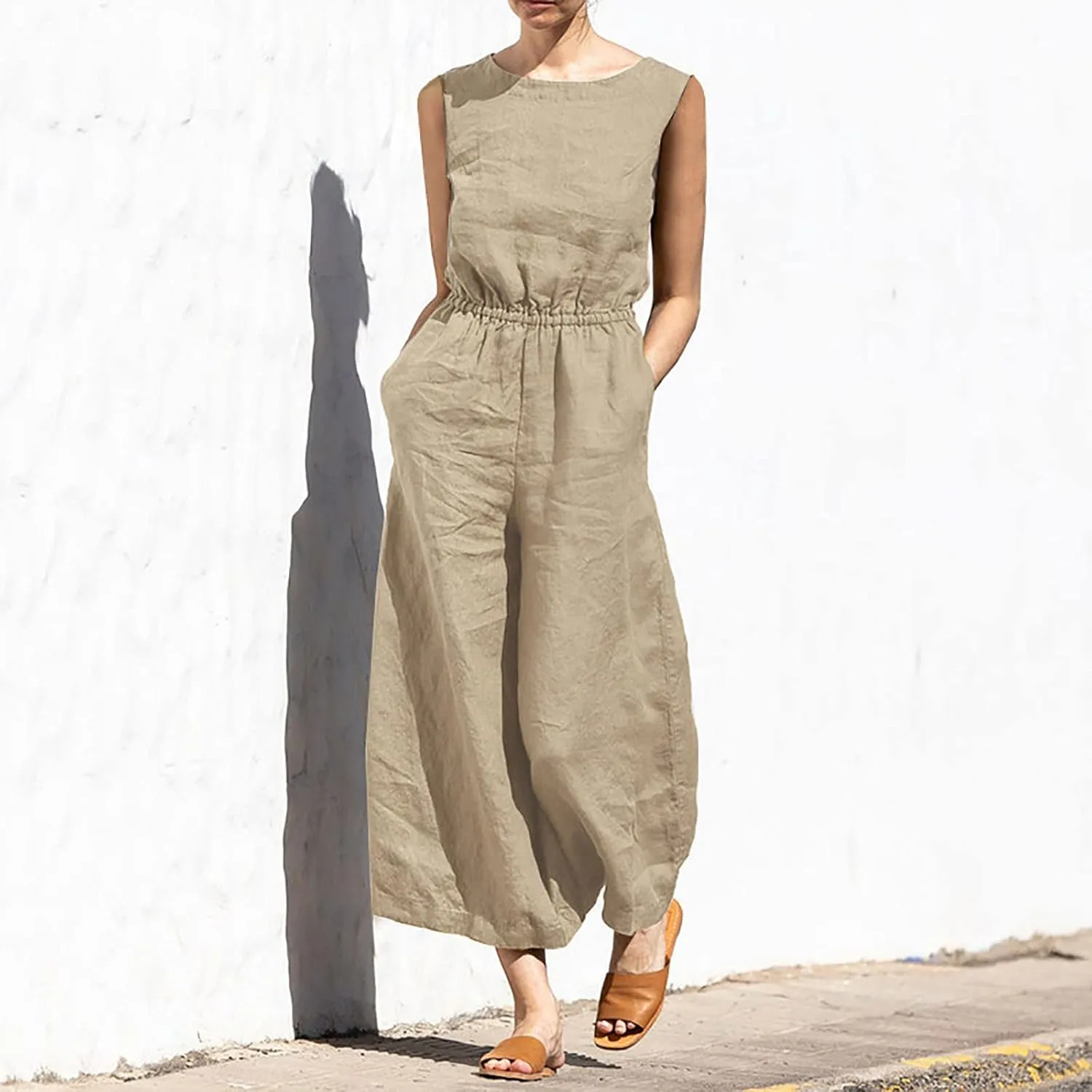Women's Linen Jumpsuits Pants Rompers Solid V Neck Belt Overalls Elegant Short Sleeve One Piece Romper with Pockets
