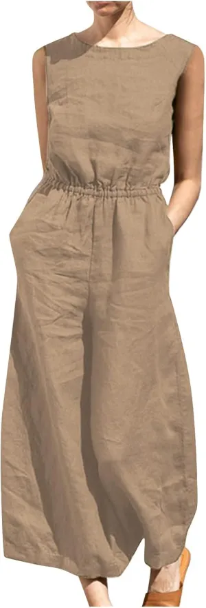 Women's Linen Jumpsuits Pants Rompers Solid V Neck Belt Overalls Elegant Short Sleeve One Piece Romper with Pockets