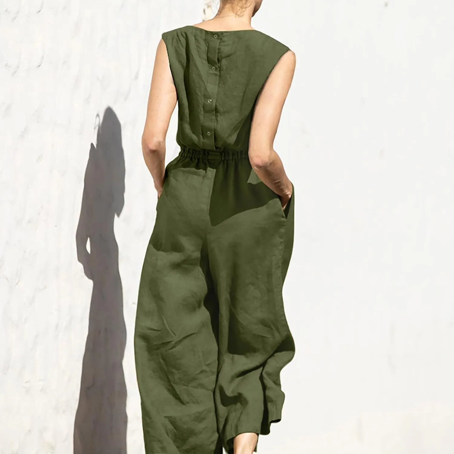 Women's Linen Jumpsuits Pants Rompers Solid V Neck Belt Overalls Elegant Short Sleeve One Piece Romper with Pockets