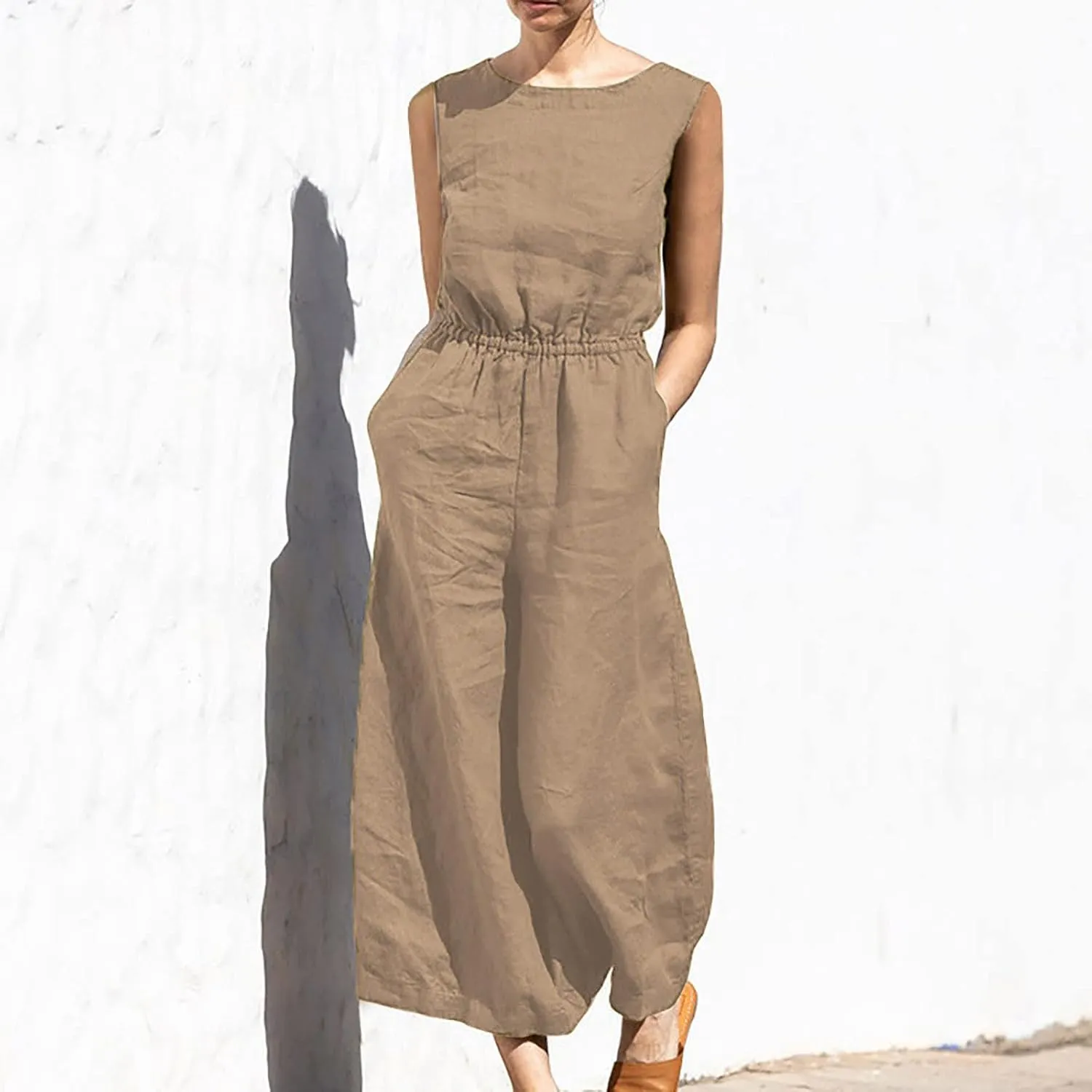 Women's Linen Jumpsuits Pants Rompers Solid V Neck Belt Overalls Elegant Short Sleeve One Piece Romper with Pockets