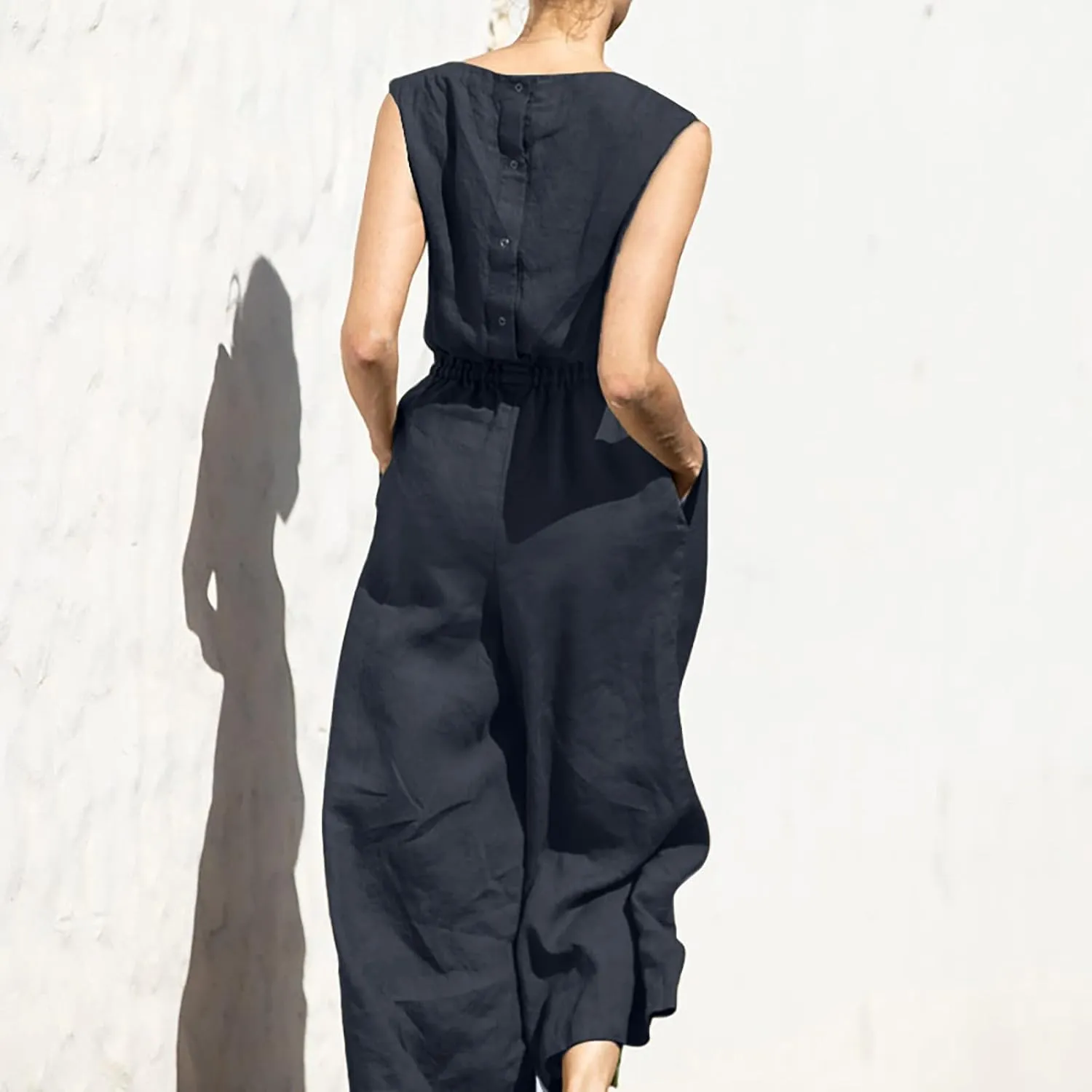Women's Linen Jumpsuits Pants Rompers Solid V Neck Belt Overalls Elegant Short Sleeve One Piece Romper with Pockets