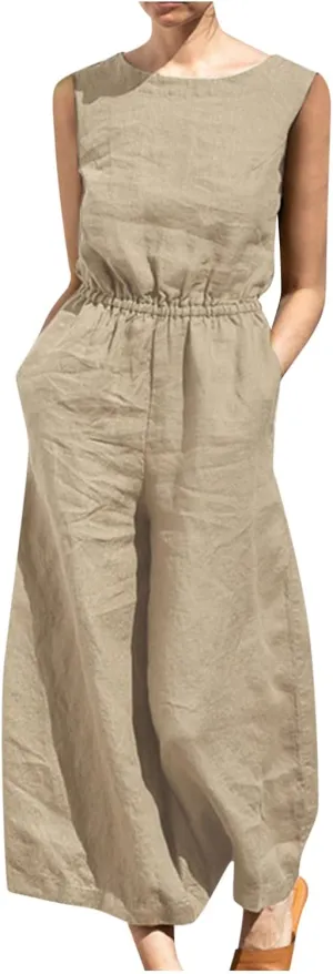 Women's Linen Jumpsuits Pants Rompers Solid V Neck Belt Overalls Elegant Short Sleeve One Piece Romper with Pockets