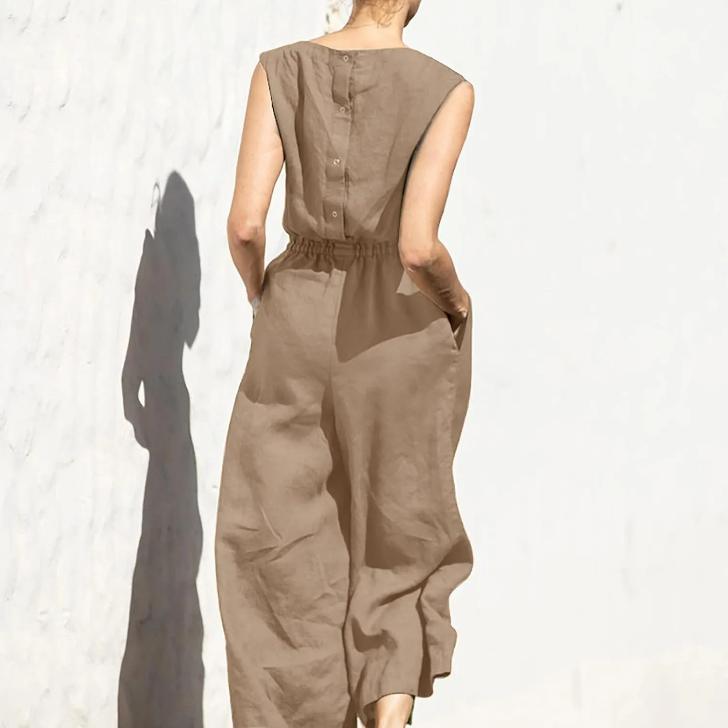 Women's Linen Jumpsuits Pants Rompers Solid V Neck Belt Overalls Elegant Short Sleeve One Piece Romper with Pockets