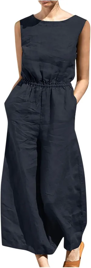 Women's Linen Jumpsuits Pants Rompers Solid V Neck Belt Overalls Elegant Short Sleeve One Piece Romper with Pockets