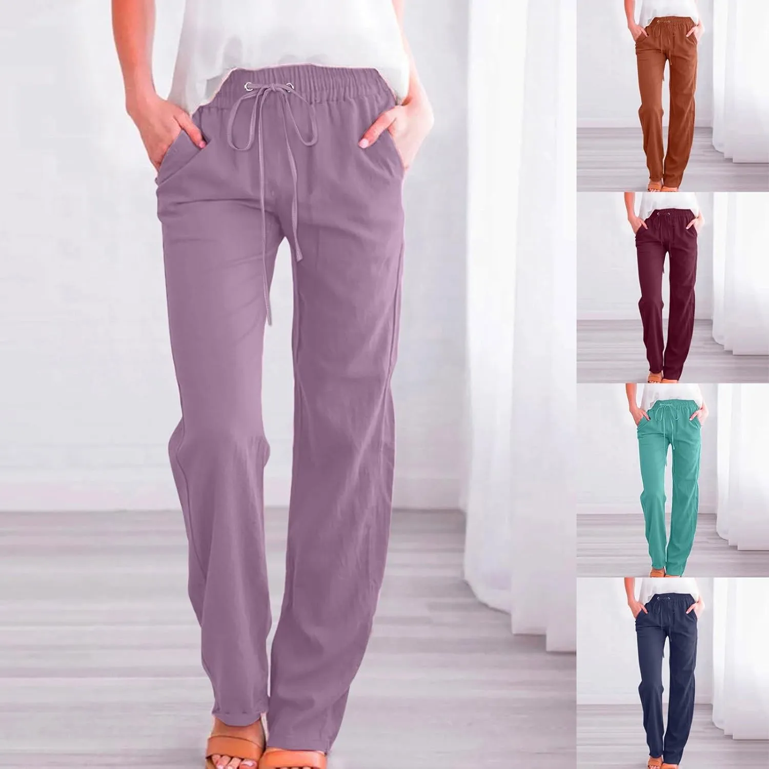 Womens Linen Pants 2025 Summer High Waist Flowy Palazzo Trousers Casual Loose Wide Leg Beach Pants with Pockets