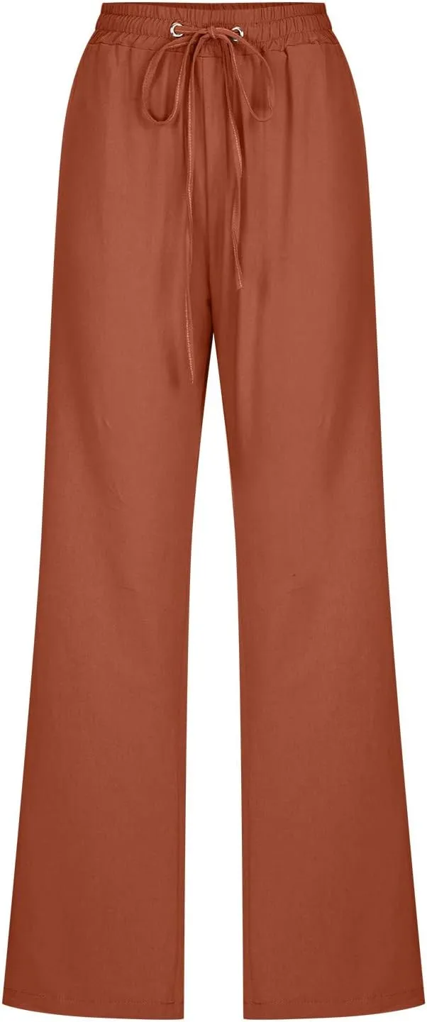 Womens Linen Pants 2025 Summer High Waist Flowy Palazzo Trousers Casual Loose Wide Leg Beach Pants with Pockets