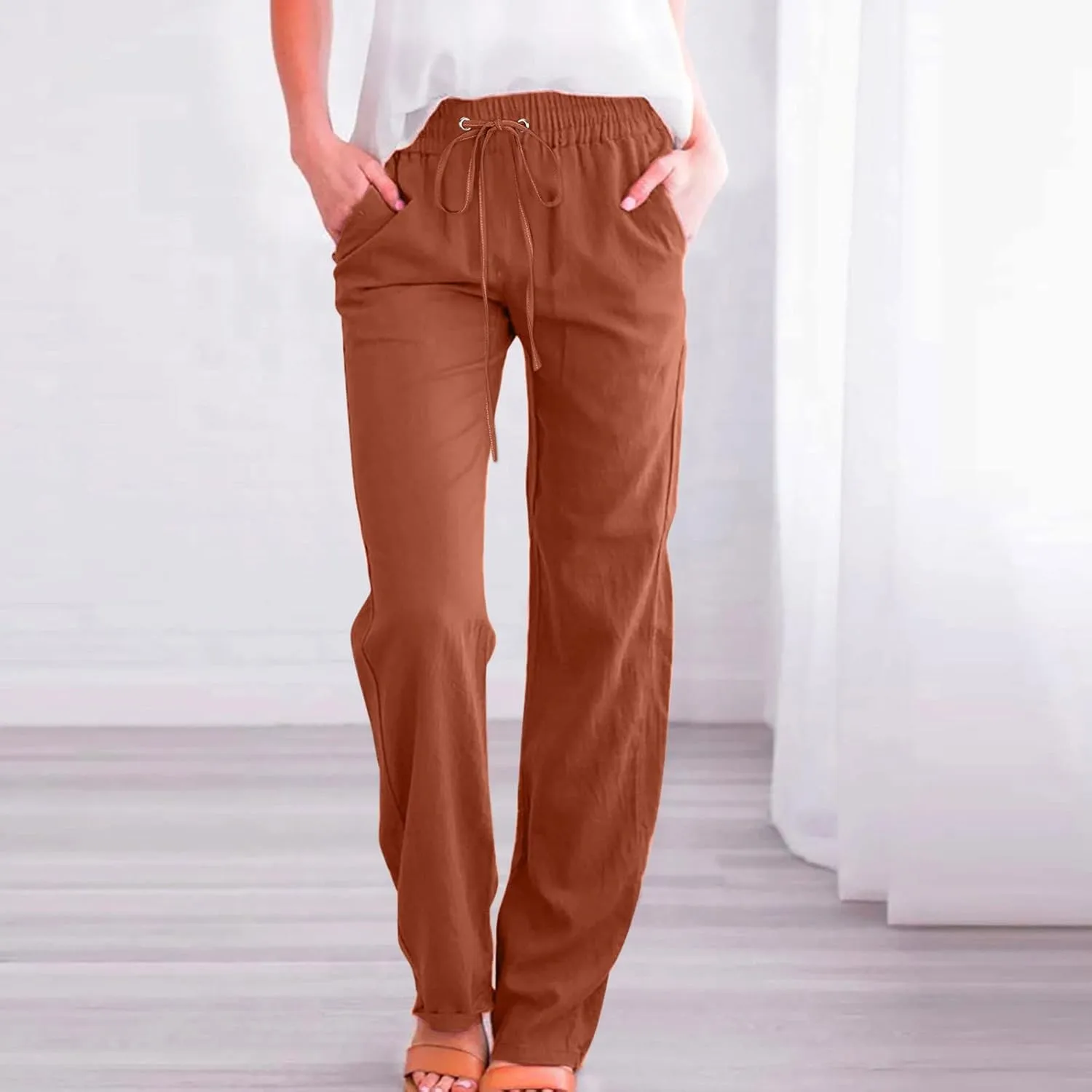 Womens Linen Pants 2025 Summer High Waist Flowy Palazzo Trousers Casual Loose Wide Leg Beach Pants with Pockets