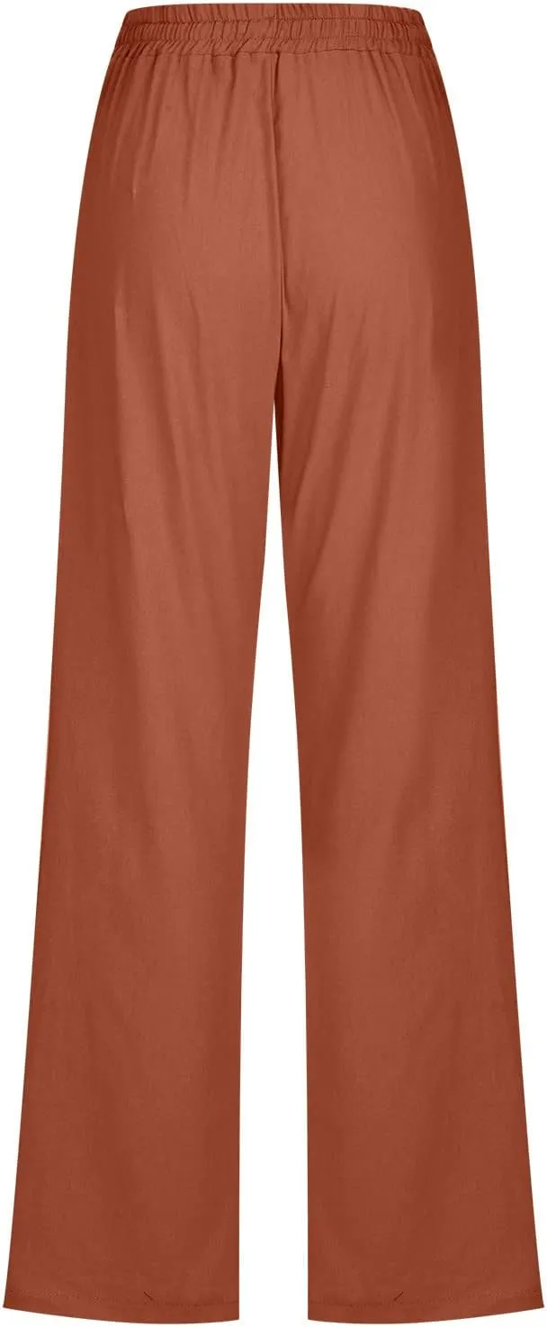 Womens Linen Pants 2025 Summer High Waist Flowy Palazzo Trousers Casual Loose Wide Leg Beach Pants with Pockets
