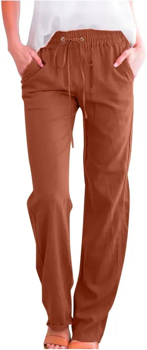Womens Linen Pants 2025 Summer High Waist Flowy Palazzo Trousers Casual Loose Wide Leg Beach Pants with Pockets