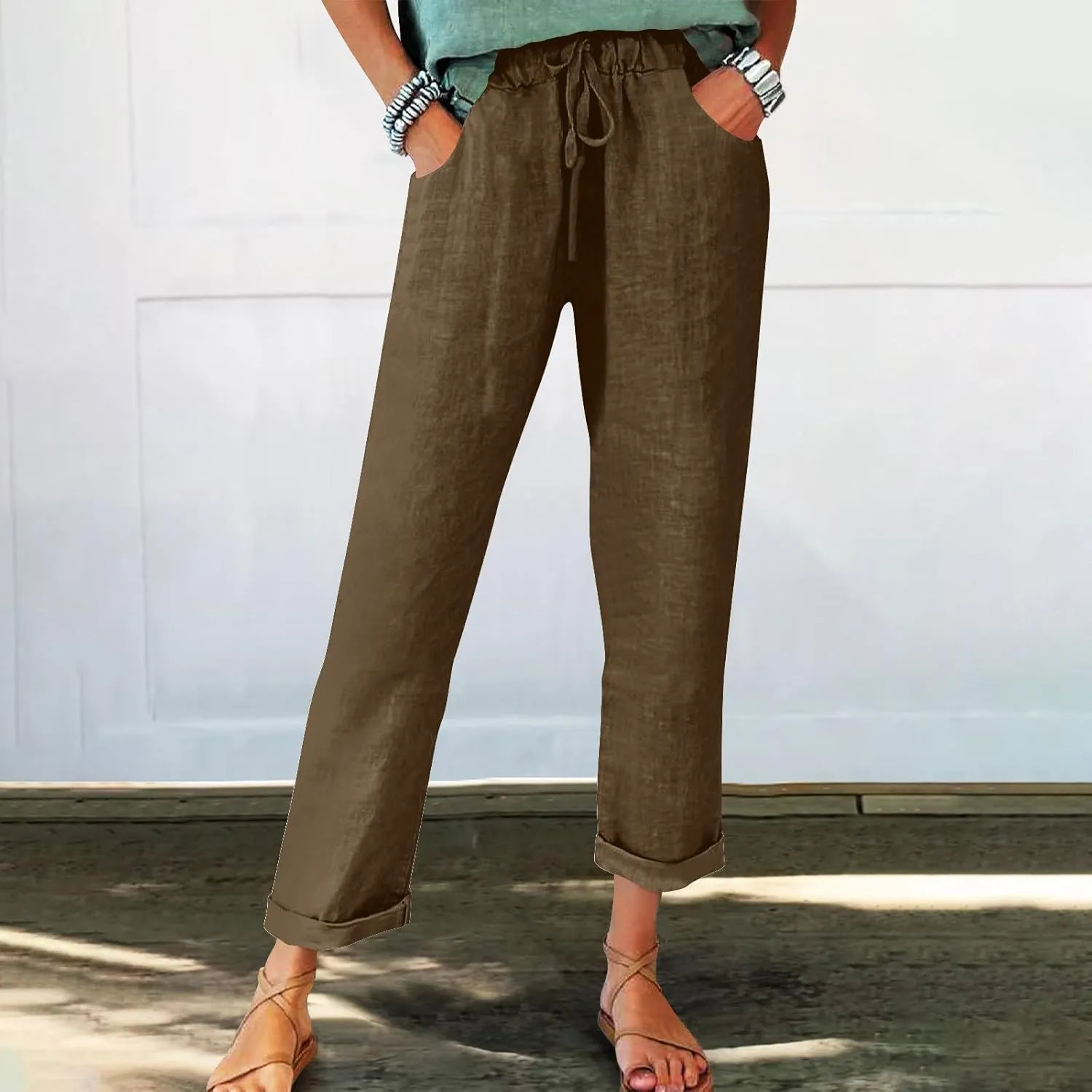 Women's Linen Pants Casual Summer 2025 Straight Wide Leg Pants Loose Drawstring Elastic Waist Lounge Trousers with Pockets