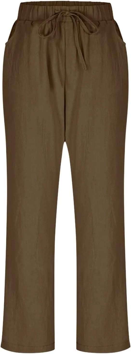 Women's Linen Pants Casual Summer 2025 Straight Wide Leg Pants Loose Drawstring Elastic Waist Lounge Trousers with Pockets