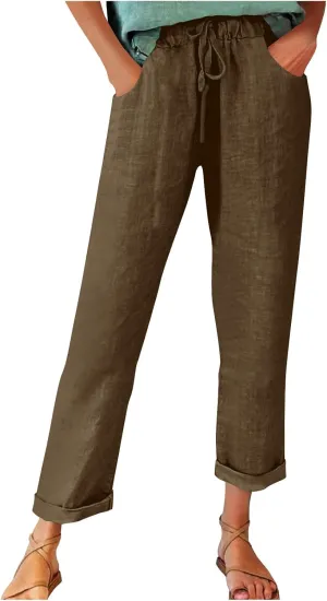 Women's Linen Pants Casual Summer 2025 Straight Wide Leg Pants Loose Drawstring Elastic Waist Lounge Trousers with Pockets