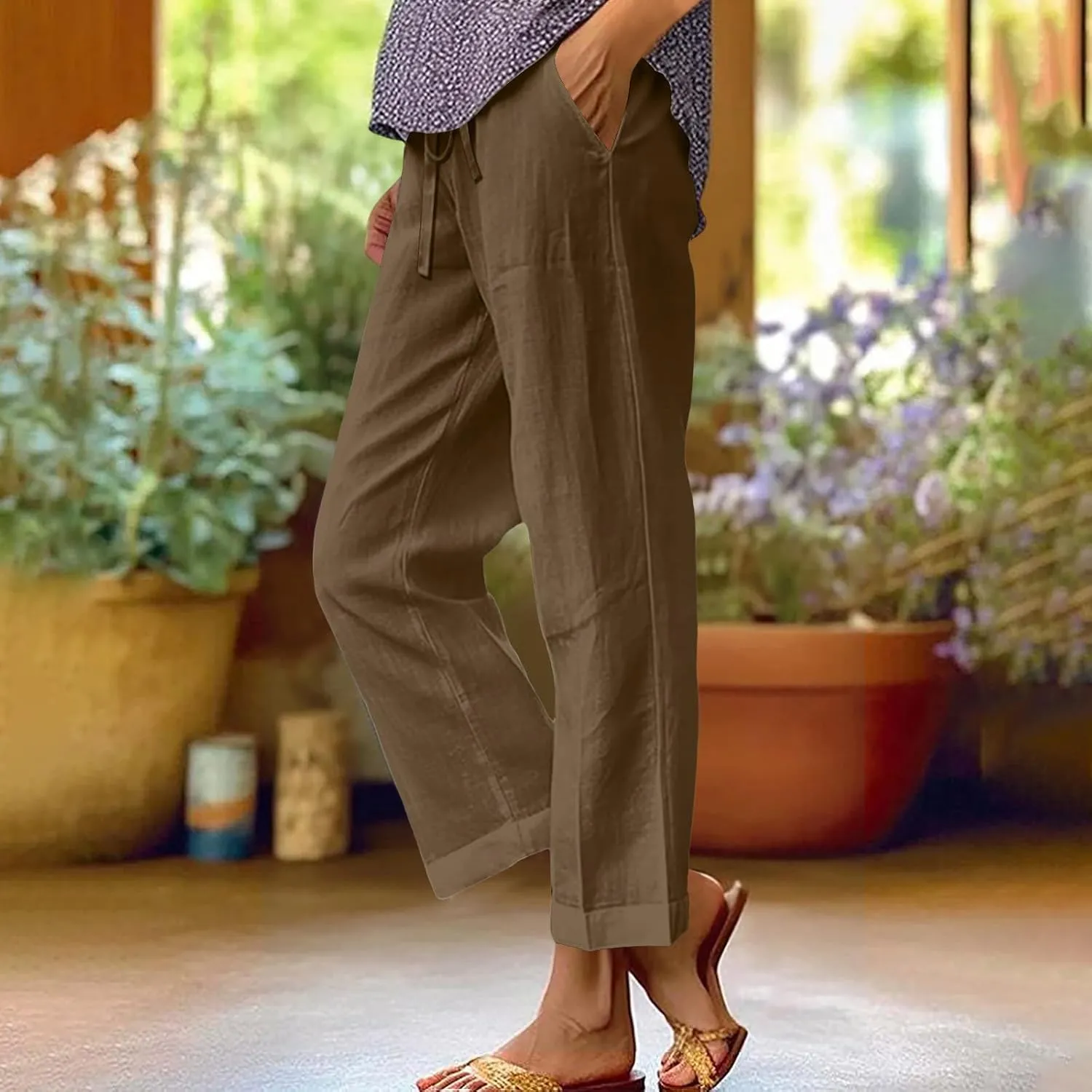 Women's Linen Pants Casual Summer 2025 Straight Wide Leg Pants Loose Drawstring Elastic Waist Lounge Trousers with Pockets