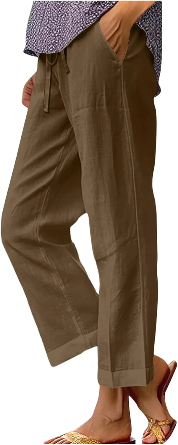 Women's Linen Pants Casual Summer 2025 Straight Wide Leg Pants Loose Drawstring Elastic Waist Lounge Trousers with Pockets