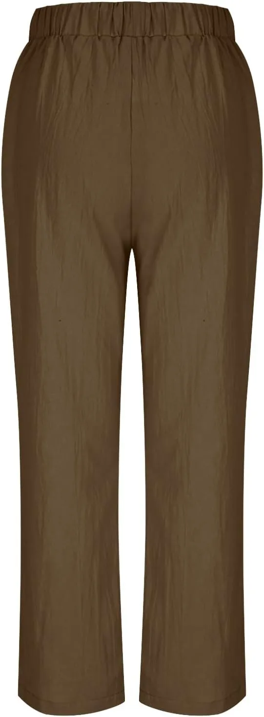 Women's Linen Pants Casual Summer 2025 Straight Wide Leg Pants Loose Drawstring Elastic Waist Lounge Trousers with Pockets