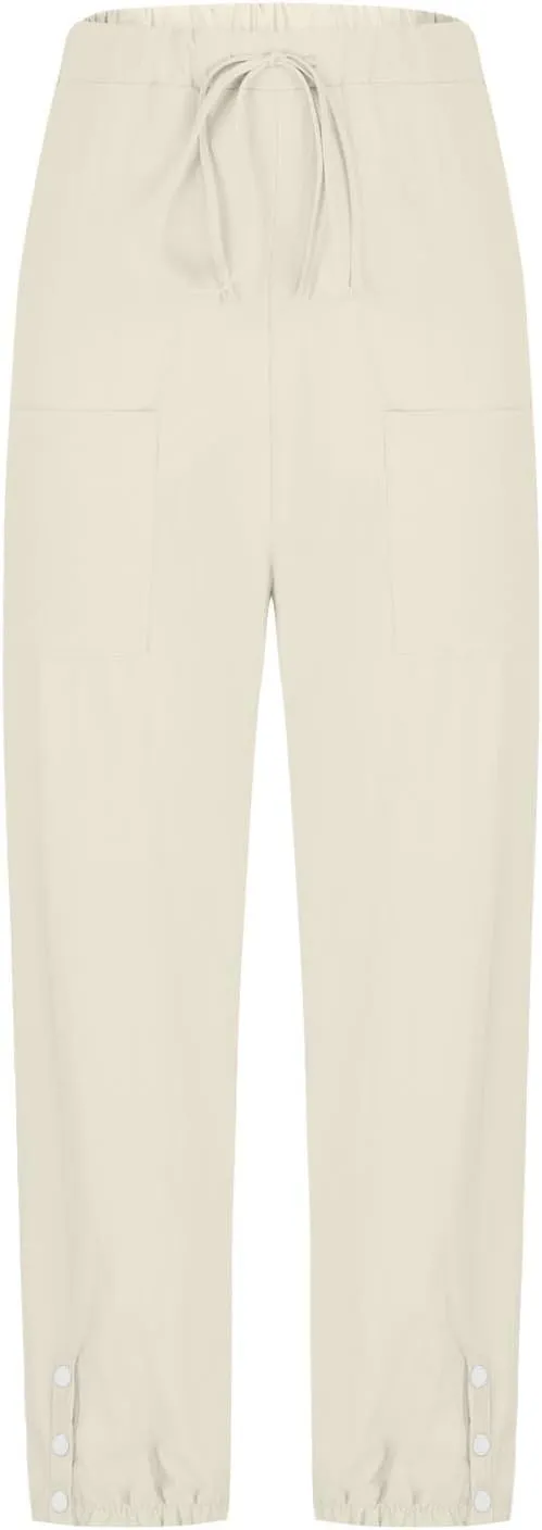 Womens Linen Wide Leg Pants 2025 Summer Trendy Loose Fit Palazzo Pants Elastic Waisted Button Slit Trousers
