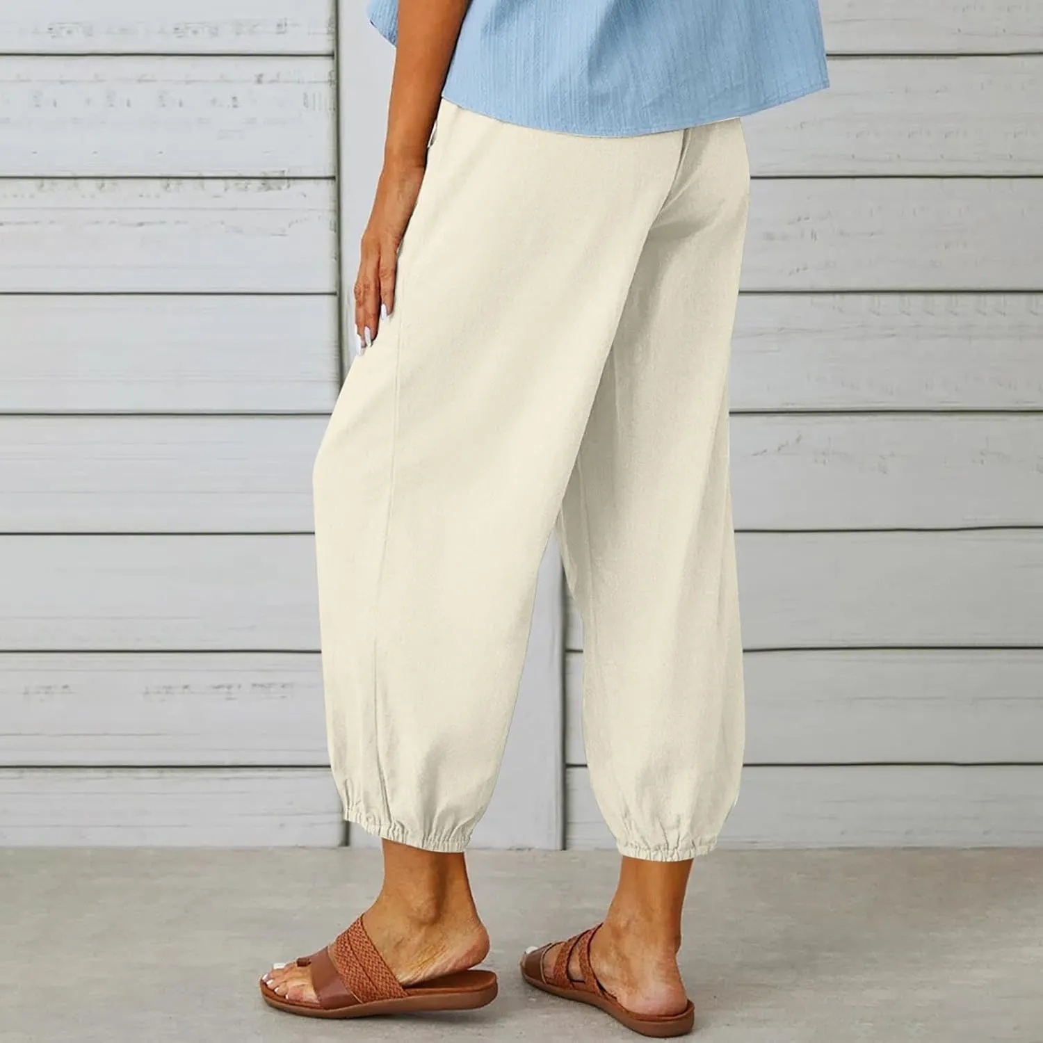 Womens Linen Wide Leg Pants 2025 Summer Trendy Loose Fit Palazzo Pants Elastic Waisted Button Slit Trousers