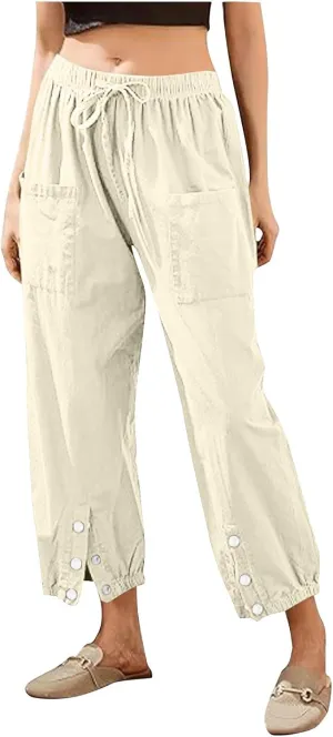 Womens Linen Wide Leg Pants 2025 Summer Trendy Loose Fit Palazzo Pants Elastic Waisted Button Slit Trousers