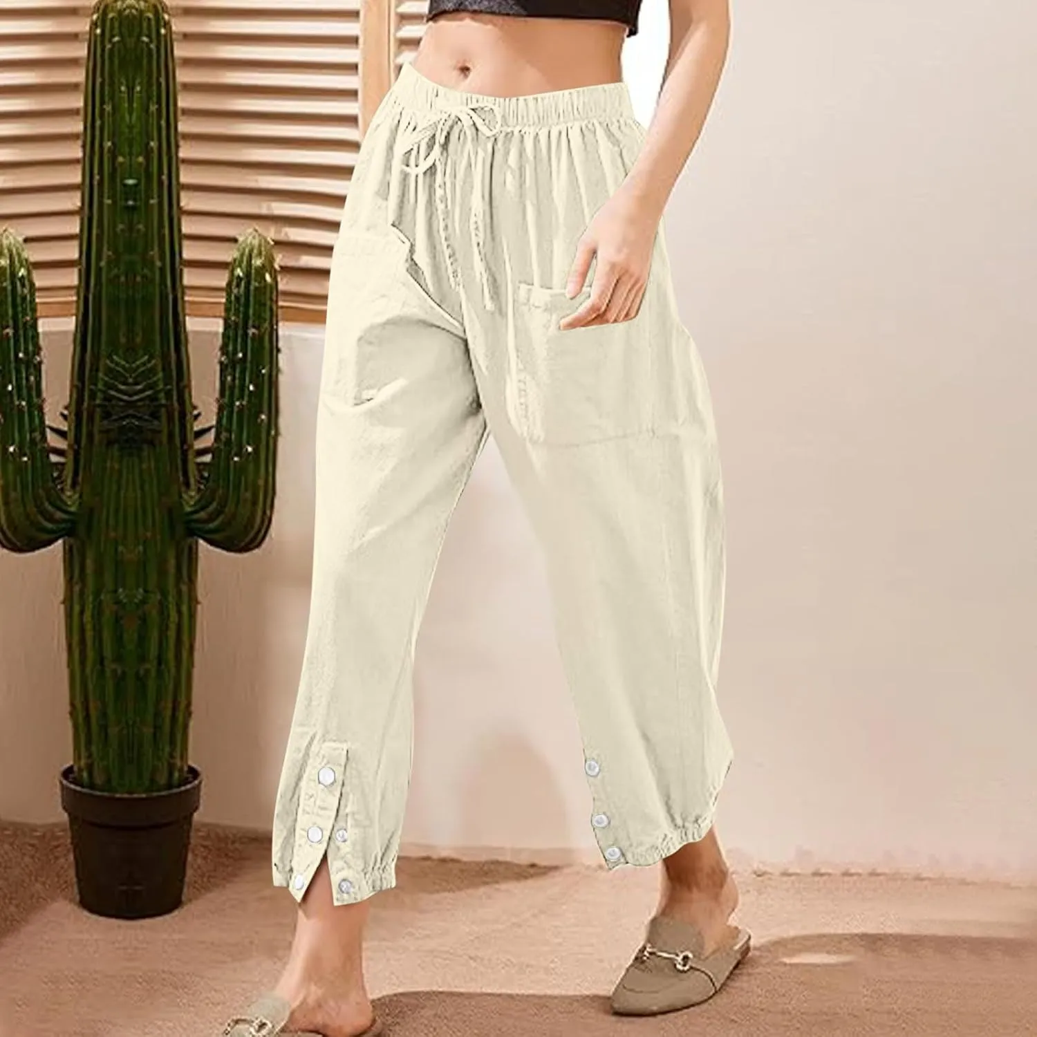 Womens Linen Wide Leg Pants 2025 Summer Trendy Loose Fit Palazzo Pants Elastic Waisted Button Slit Trousers