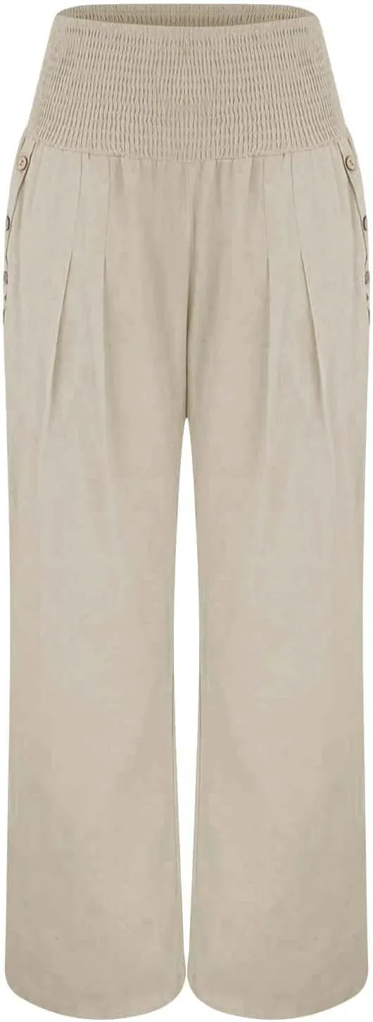 Womens Linen Wide Leg Pants Loose Drawsting Pull On Straight Leg Black Beach Flowy Harem Yoga Cropped Trousers with Pockets
