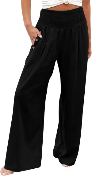 Womens Linen Wide Leg Pants Loose Drawsting Pull On Straight Leg Black Beach Flowy Harem Yoga Cropped Trousers with Pockets
