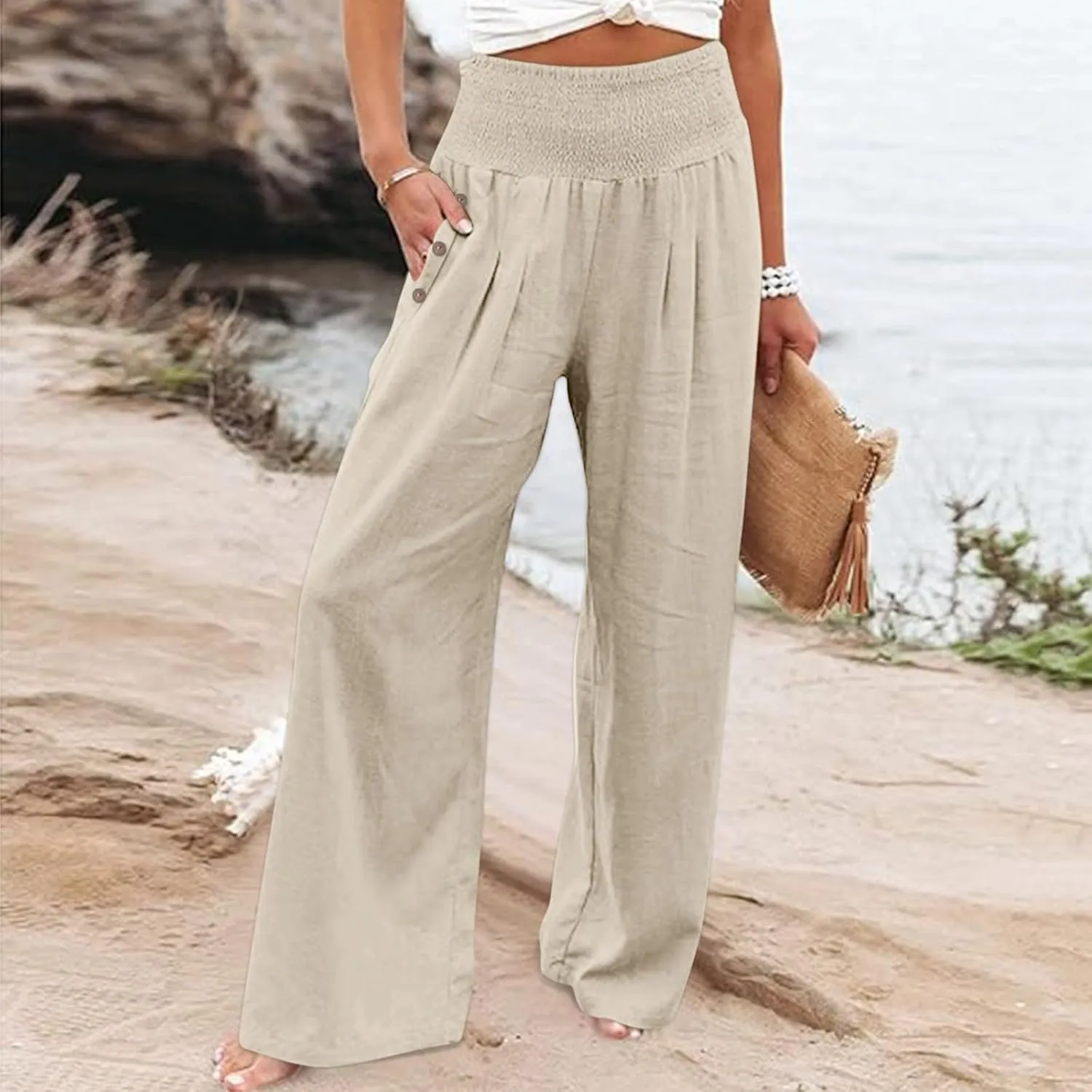 Womens Linen Wide Leg Pants Loose Drawsting Pull On Straight Leg Black Beach Flowy Harem Yoga Cropped Trousers with Pockets