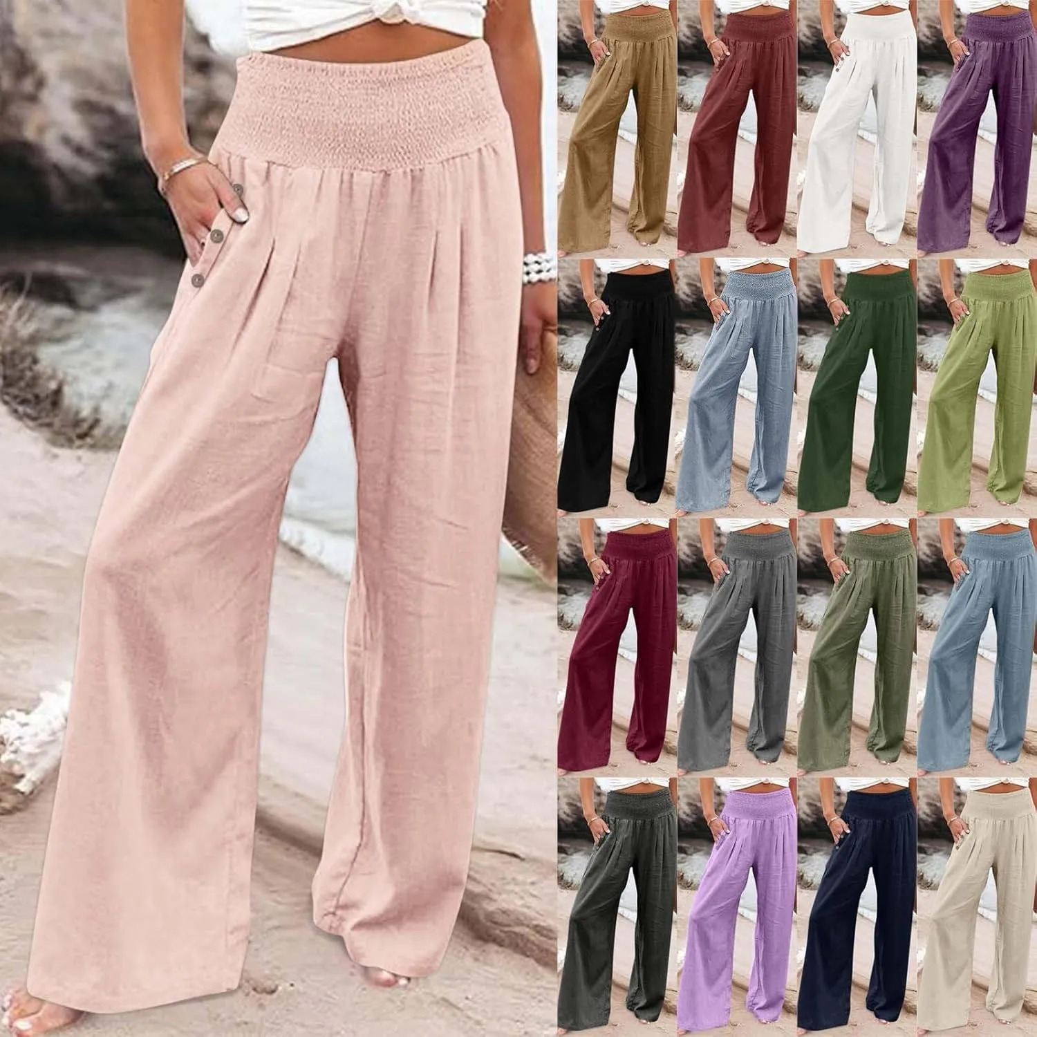 Womens Linen Wide Leg Pants Loose Drawsting Pull On Straight Leg Black Beach Flowy Harem Yoga Cropped Trousers with Pockets