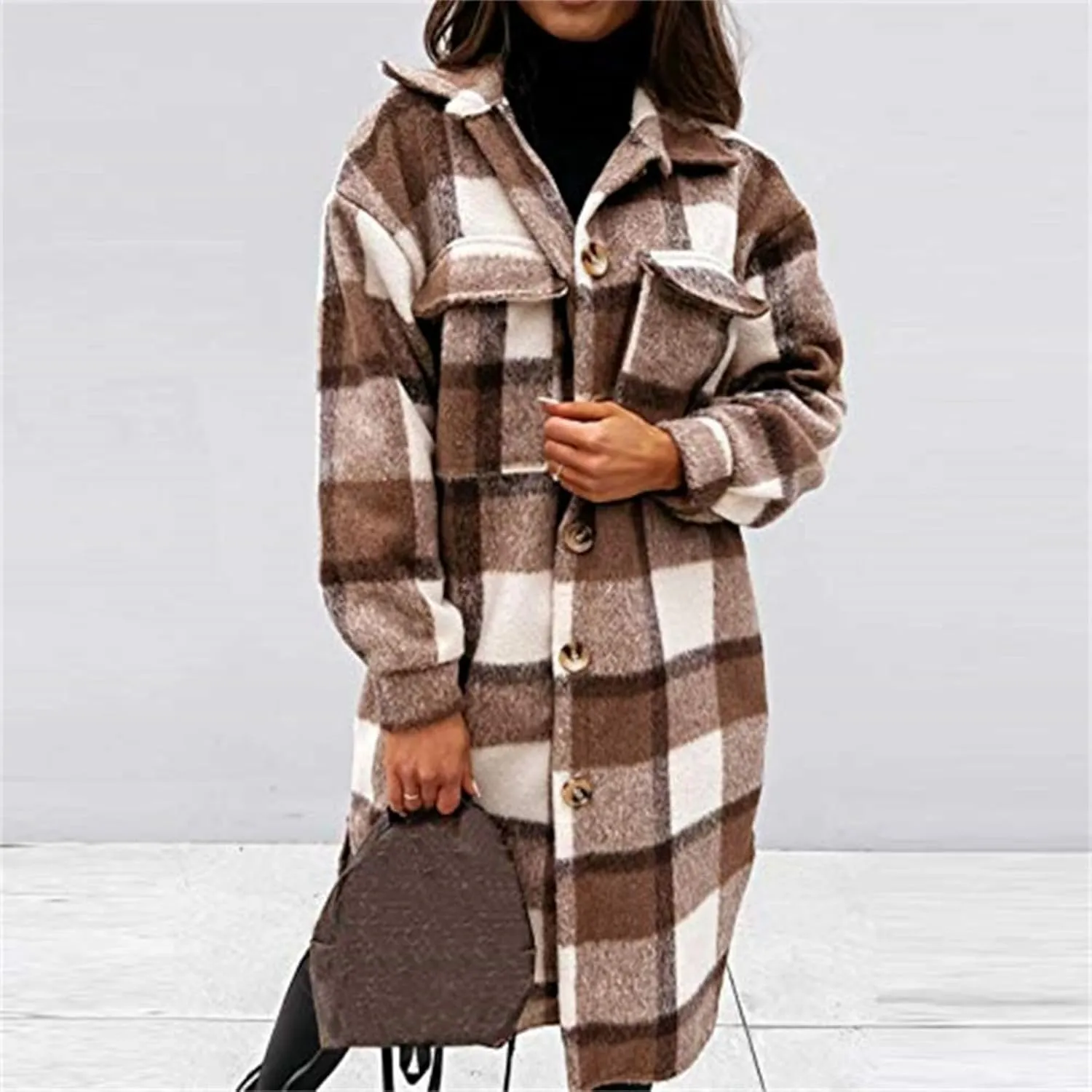 Womens Long Flannel Coats Plaid Shacke Oversuits Long Sleeves Suit Collar Casual Button Down Loose Trendy Jackets