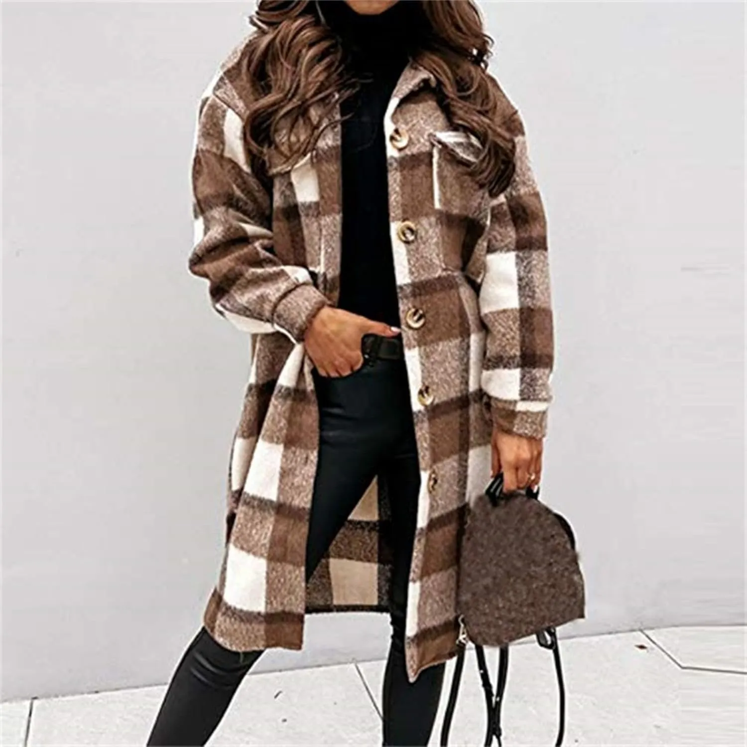 Womens Long Flannel Coats Plaid Shacke Oversuits Long Sleeves Suit Collar Casual Button Down Loose Trendy Jackets