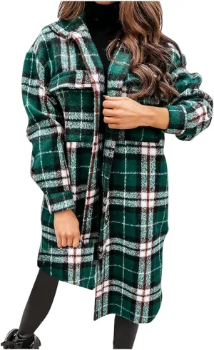 Womens Long Flannel Coats Plaid Shacke Oversuits Long Sleeves Suit Collar Casual Button Down Loose Trendy Jackets