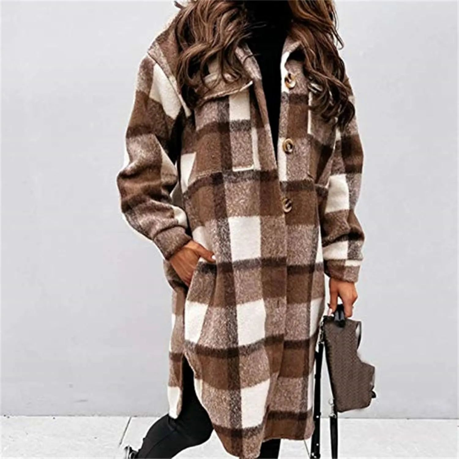Womens Long Flannel Coats Plaid Shacke Oversuits Long Sleeves Suit Collar Casual Button Down Loose Trendy Jackets