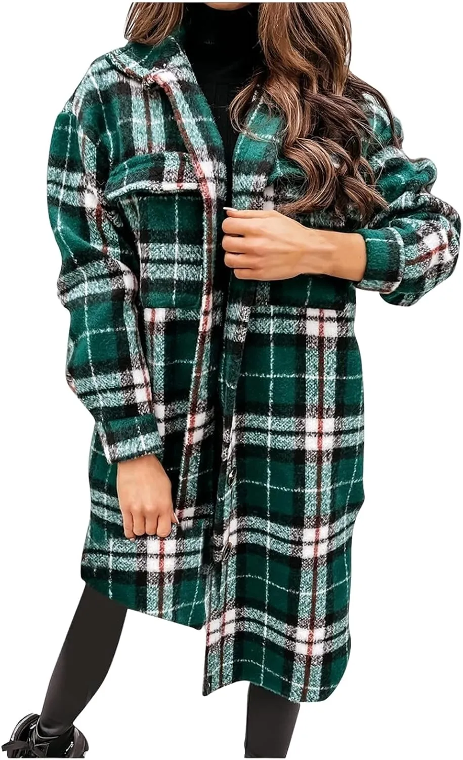 Womens Long Flannel Coats Plaid Shacke Oversuits Long Sleeves Suit Collar Casual Button Down Loose Trendy Jackets