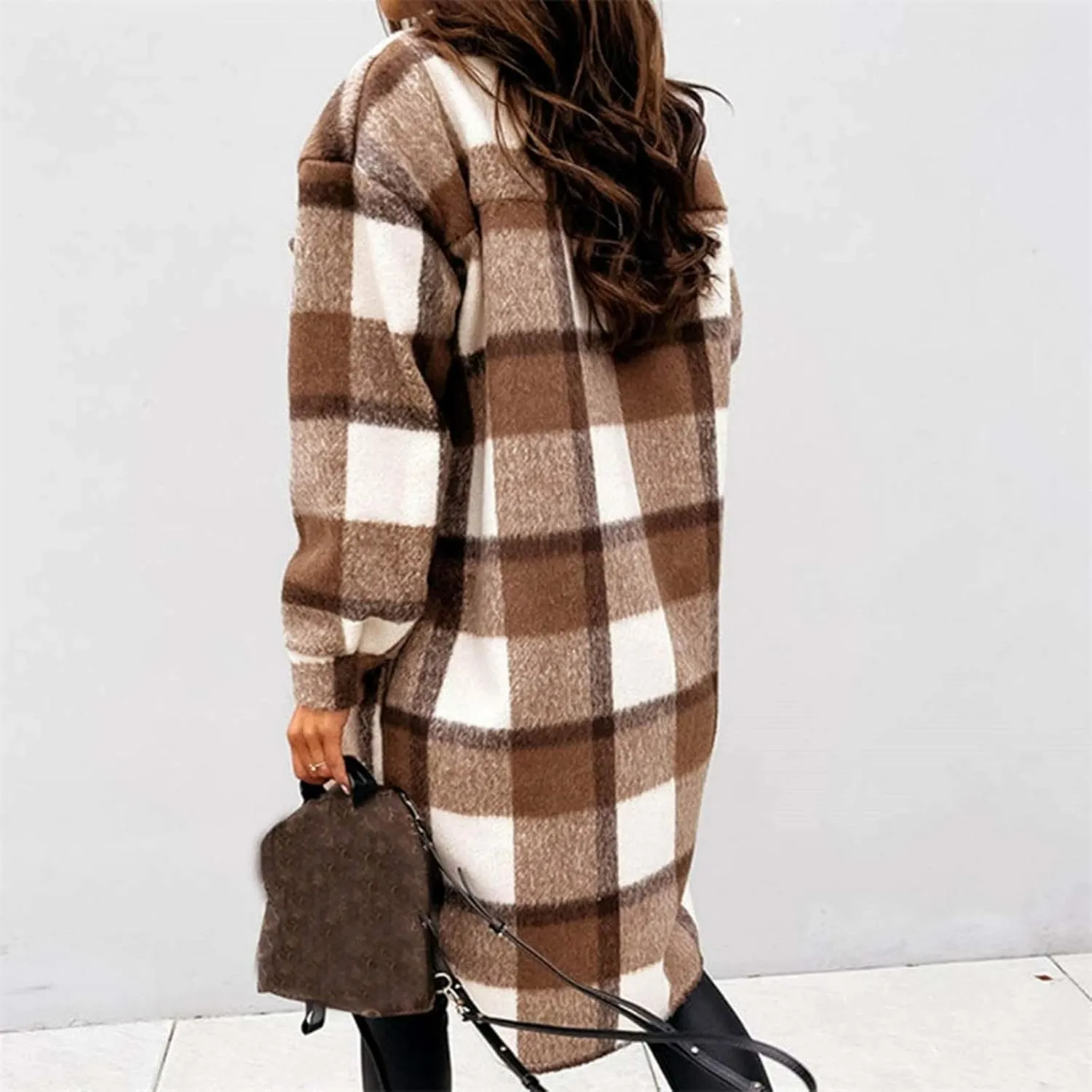 Womens Long Flannel Coats Plaid Shacke Oversuits Long Sleeves Suit Collar Casual Button Down Loose Trendy Jackets