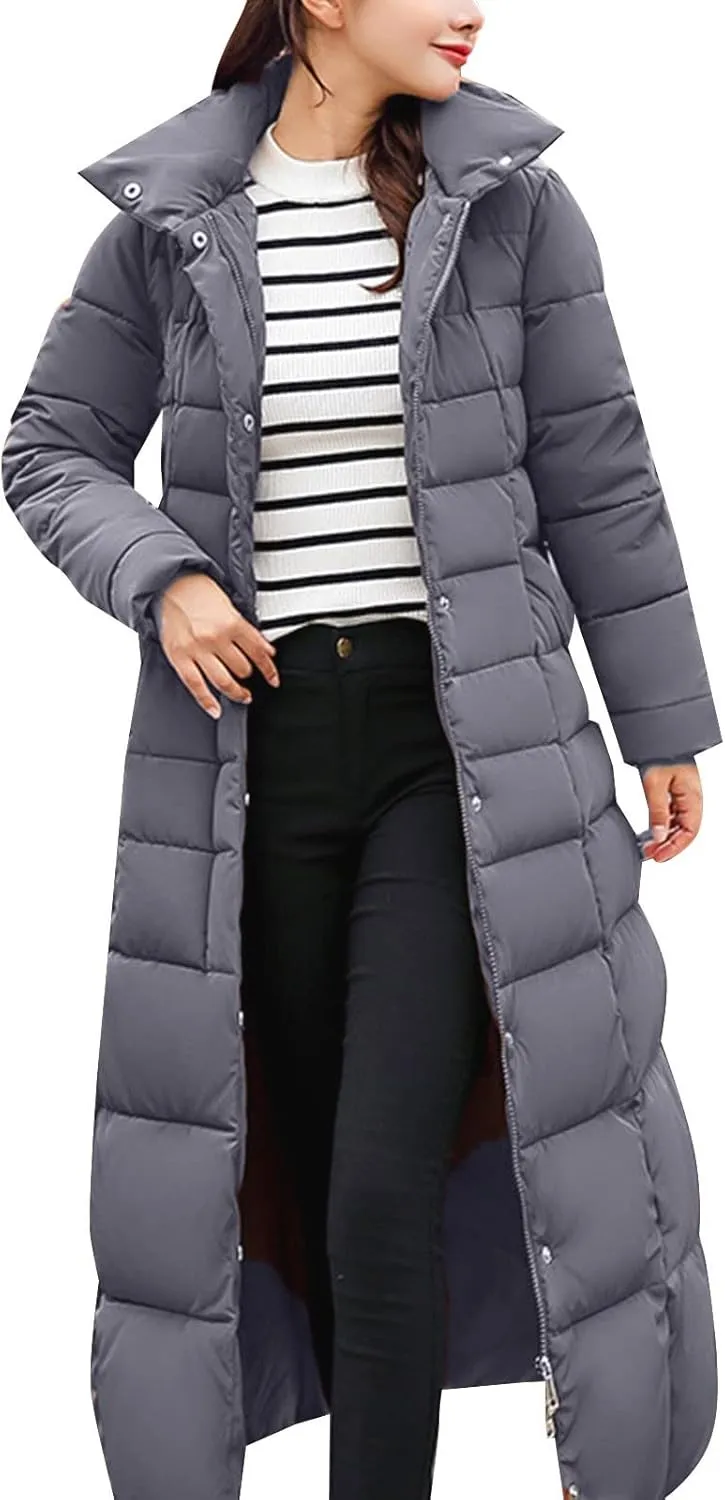 Womens Long Puffer Coat Packable Down Jacket Ultralight Parkas Jacket Maxi Zip Up Thicken Hooded Padded Coat