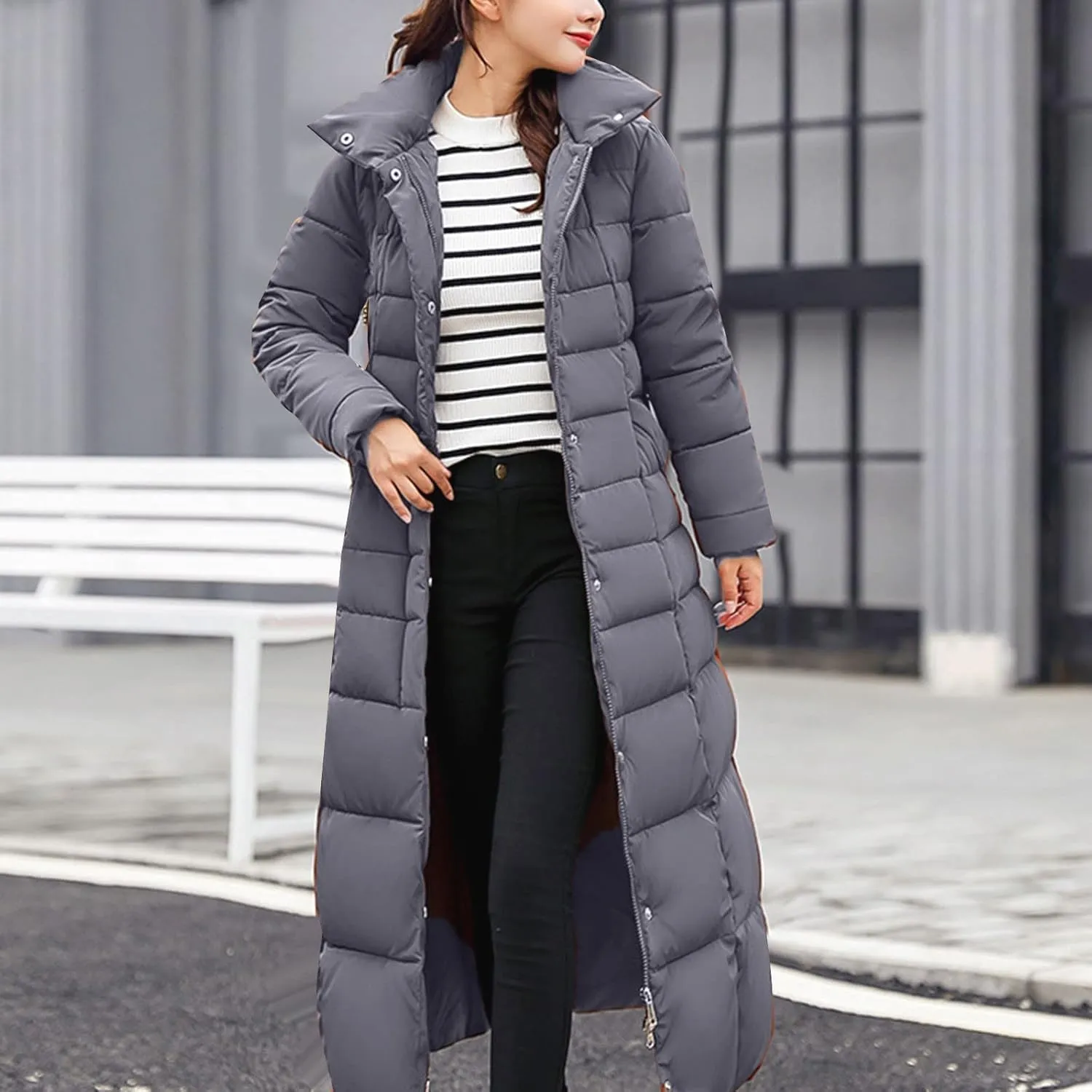 Womens Long Puffer Coat Packable Down Jacket Ultralight Parkas Jacket Maxi Zip Up Thicken Hooded Padded Coat