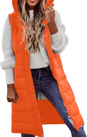 Women's Long Vest Winter Warm Sleeveless Lightweight Puffer Jacket Packable Hooded Down Coat Quilted Vest With Hood