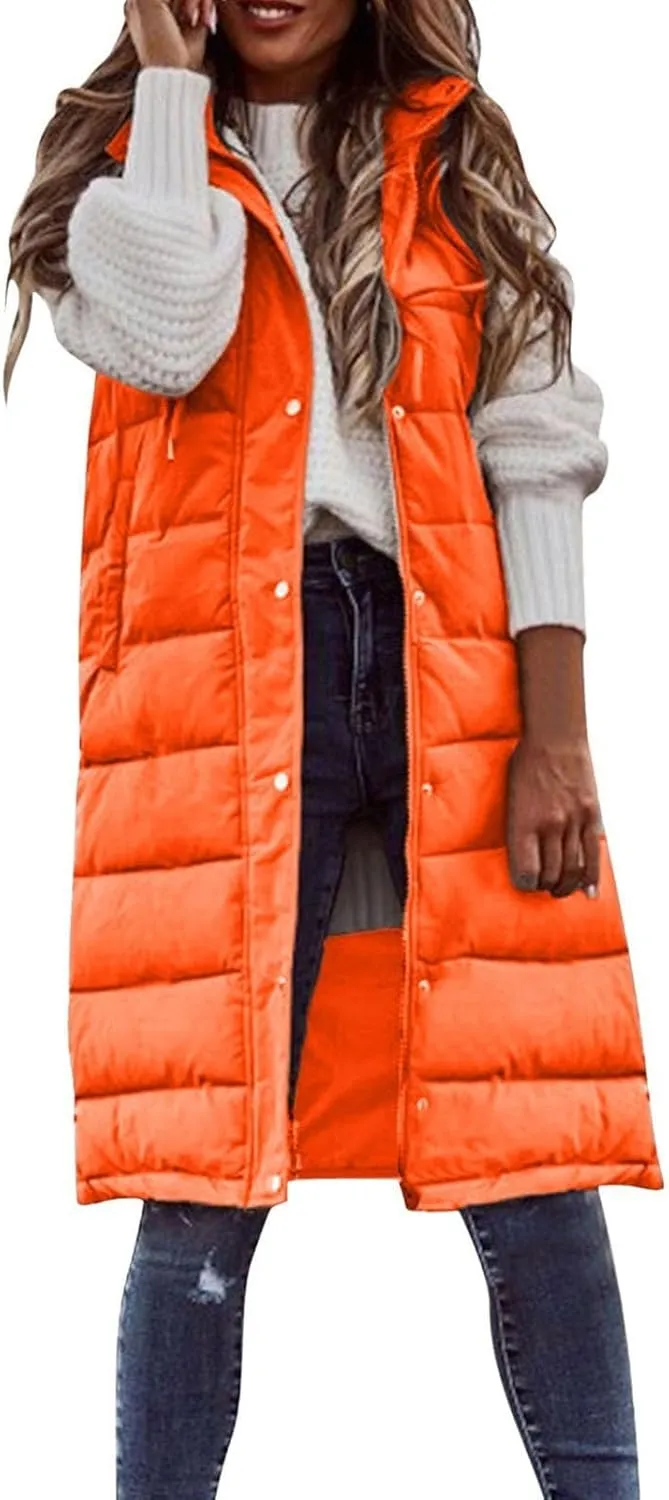 Women's Long Vest Winter Warm Sleeveless Lightweight Puffer Jacket Packable Hooded Down Coat Quilted Vest With Hood