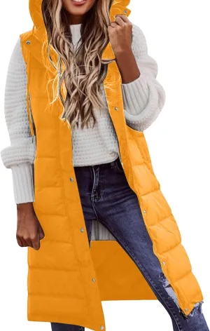 Women's Long Vest Winter Warm Sleeveless Lightweight Puffer Jacket Packable Hooded Down Coat Quilted Vest With Hood
